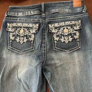 Wallflower Boot Cut Jeans. Curvy Fit. Rhinestone and Embroidery Pockets.